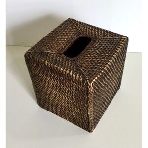 Pottery barn Woven Rattan Cube Tissue Box Cover Holder Natural Fibers Rustic box